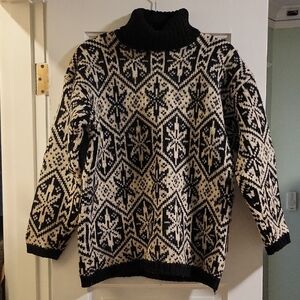 Vintage 90s GAP Black Geometric Handknit Turtleneck Sweater